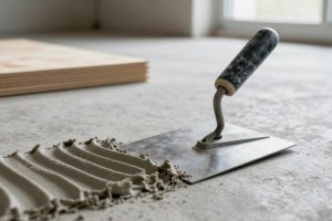 Нанесение клея зубчатым шпателем на бетонную стяжку под фанеру