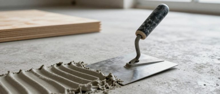Нанесение клея зубчатым шпателем на бетонную стяжку под фанеру